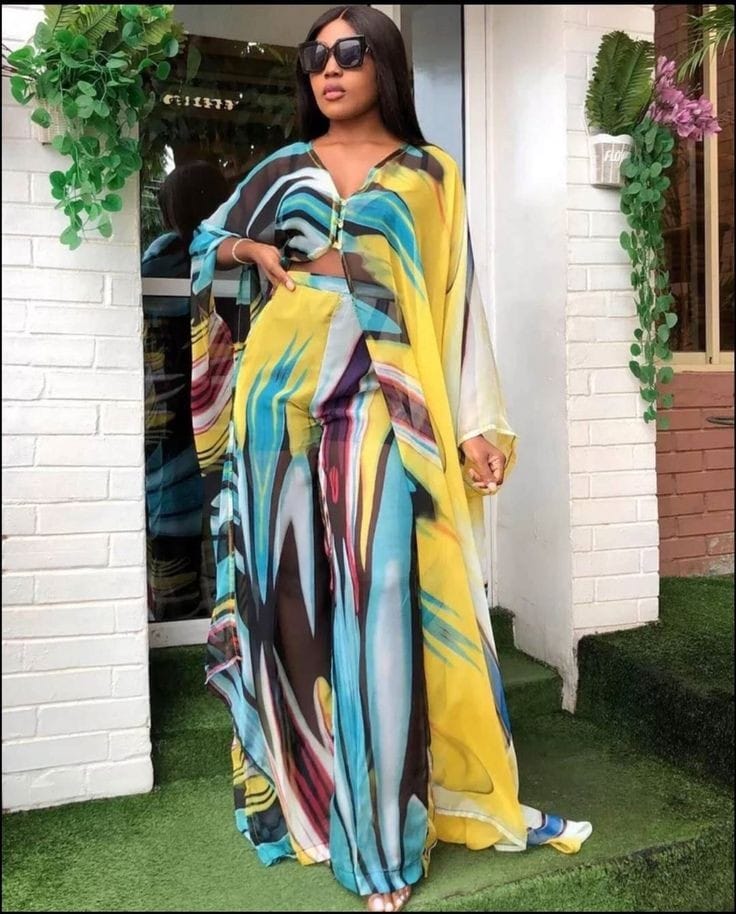 African Outfits Evening Women Print Open Kaftan Long Pants Set 2pc Set