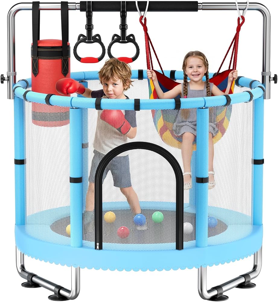 Trampoline for Kids with Enclosure, Gymnastics Bar & Toy, 140cm
