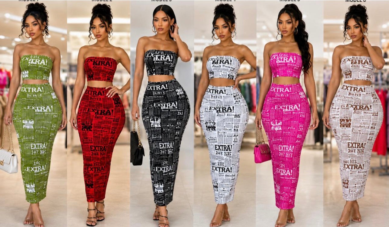 Ladies Bodycon 2pc Newspaper Print Skirt Free Size -Various Colours