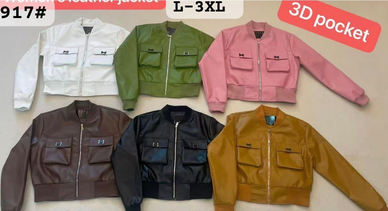 Ladies Faux Leather Crop Jacket - Long Sleeve Casual Wear-Various Colours