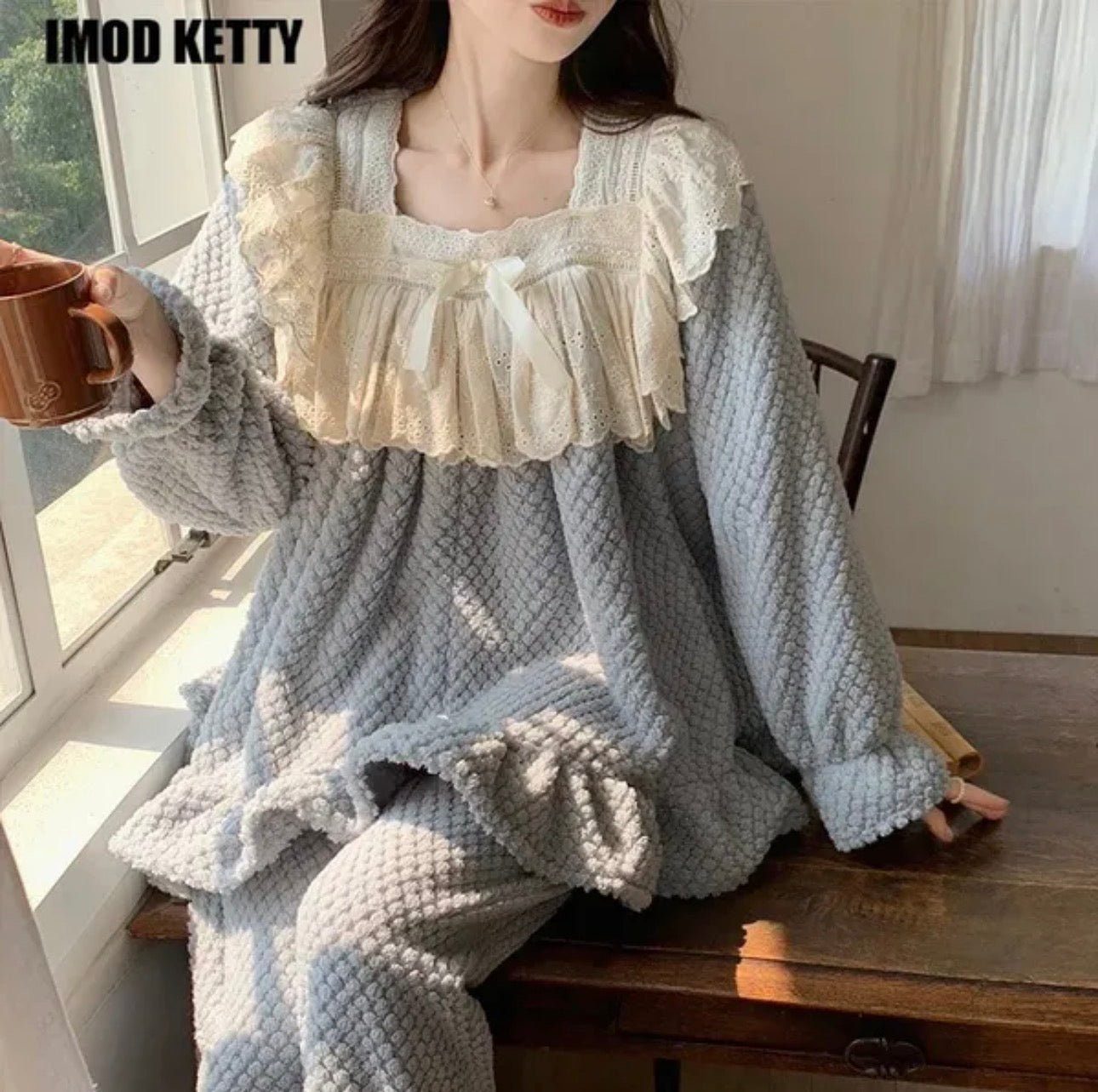 Ladies Coral Fleece Pyjamas Autumn/Winter Thick Padded Warm Sweet Lace Suit Winter-Various Colours