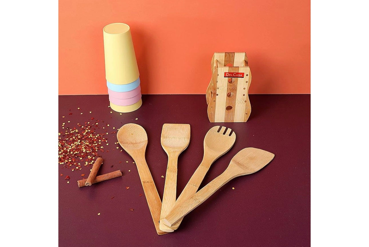 MHome 4 Pieces Pure Bamboo Wooden Solid Turner, Spatula, Slotted Spoon & Spoon Kitchen Essentials Cooking Utensils Tool Set