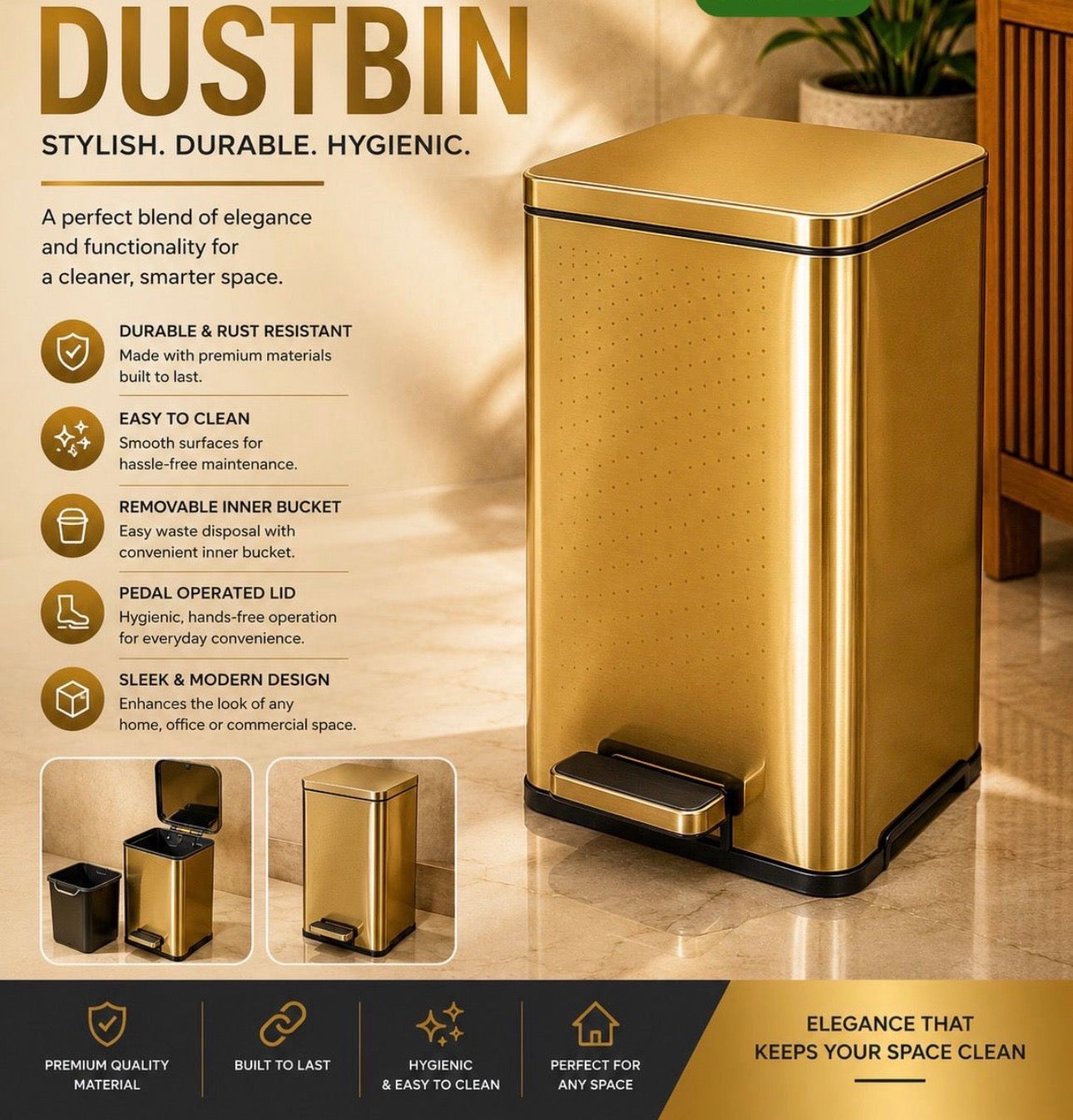 MHome Rectangular DustBin- Various Colours
