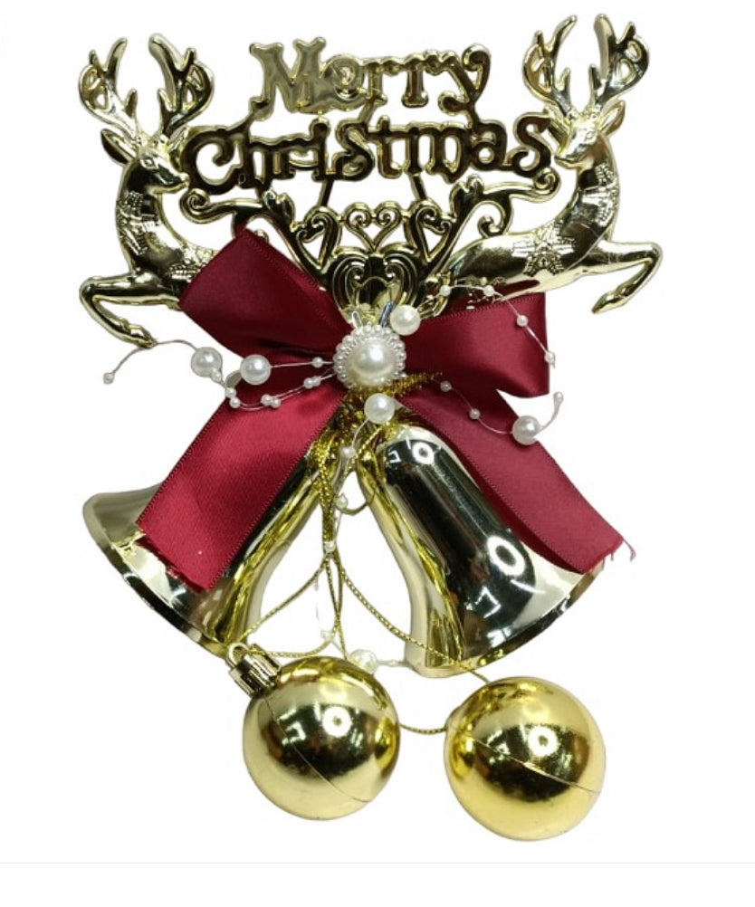 MERRY CHRISTMAS GOLD BELLS WITH SANTA & RIBBON CHRISTMAS TREE HANGING ORNAMENT