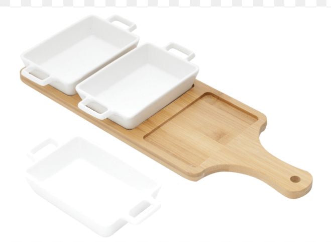 Ceramic Snack Set With Wooden Tray 3pc