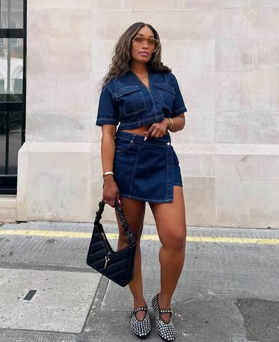 Ladies Cropped Denim Top/Skirt 2pc