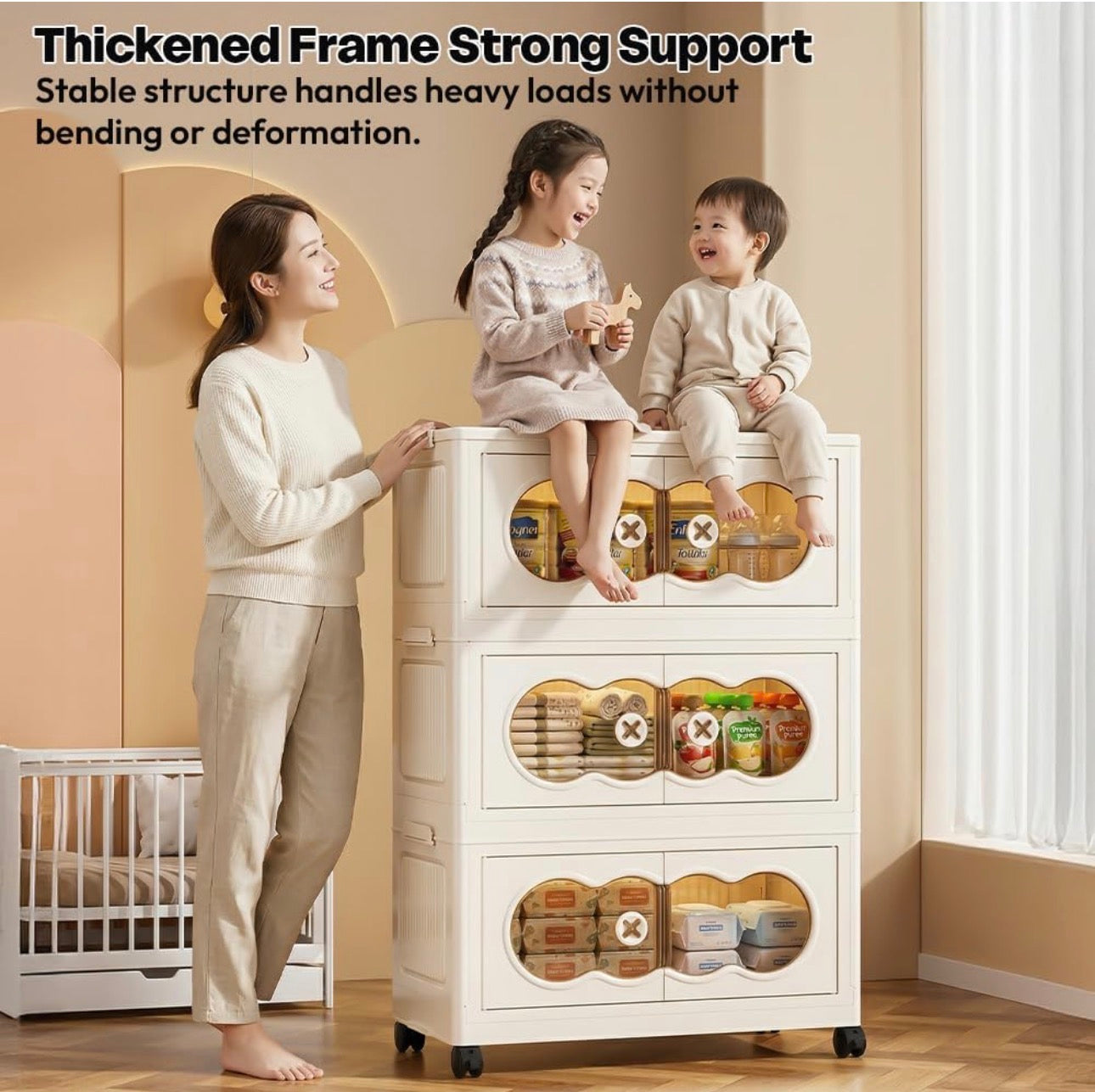 MHome Kids Bear Wardrobe/Multifunctional Collapsible Plastic Wardrobe for Kids- Storage Cabinet – Dustproof Organizer for Baby Clothes, Toys & Books with Wheels & Hangers- Beige/Various Sizes