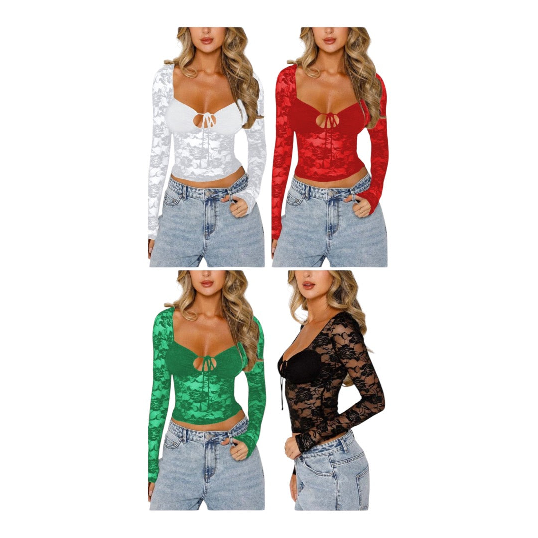 Sexy Lace Long Sleeve Shirts for Women Slim Fitted Low Cut Crop Tops,Going Out Streetwear