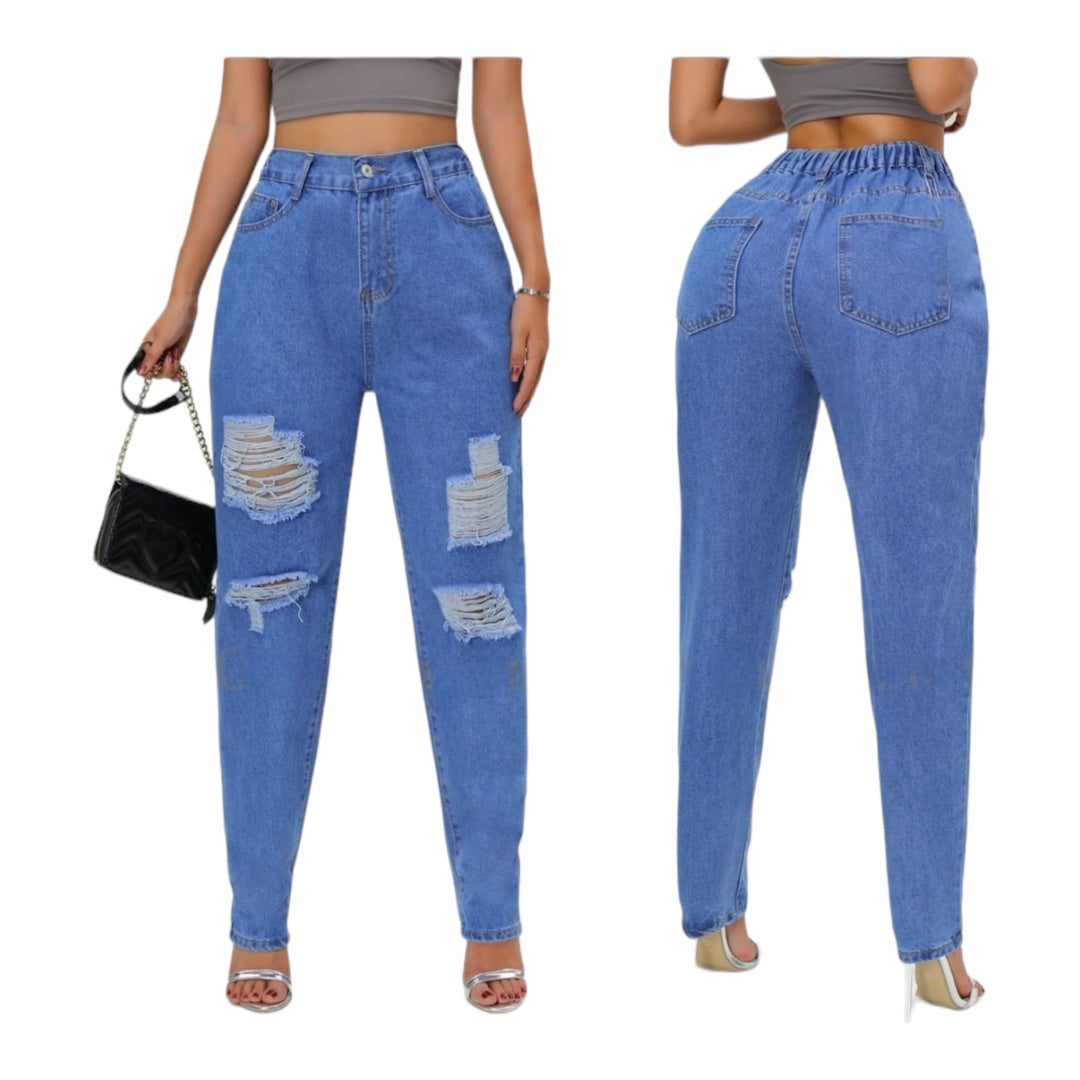 Ladies Sexy High Waist Loose Ripped Denim Jeans
