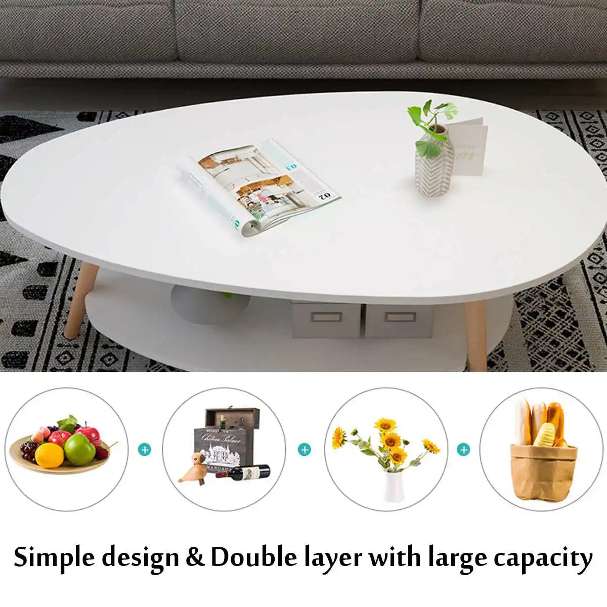 MFurn White Marble Coffee Table – Nordic Double-Layer Wooden Living Room Table