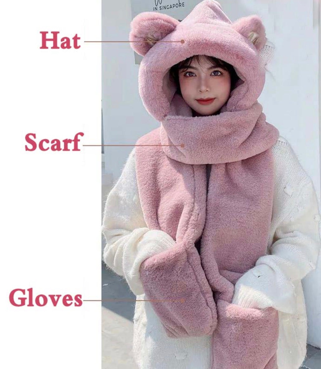 Ladies Plush Hat, Autumn And Winter Scarf, Hat And Gloves All-in-one Adult Ladies Style