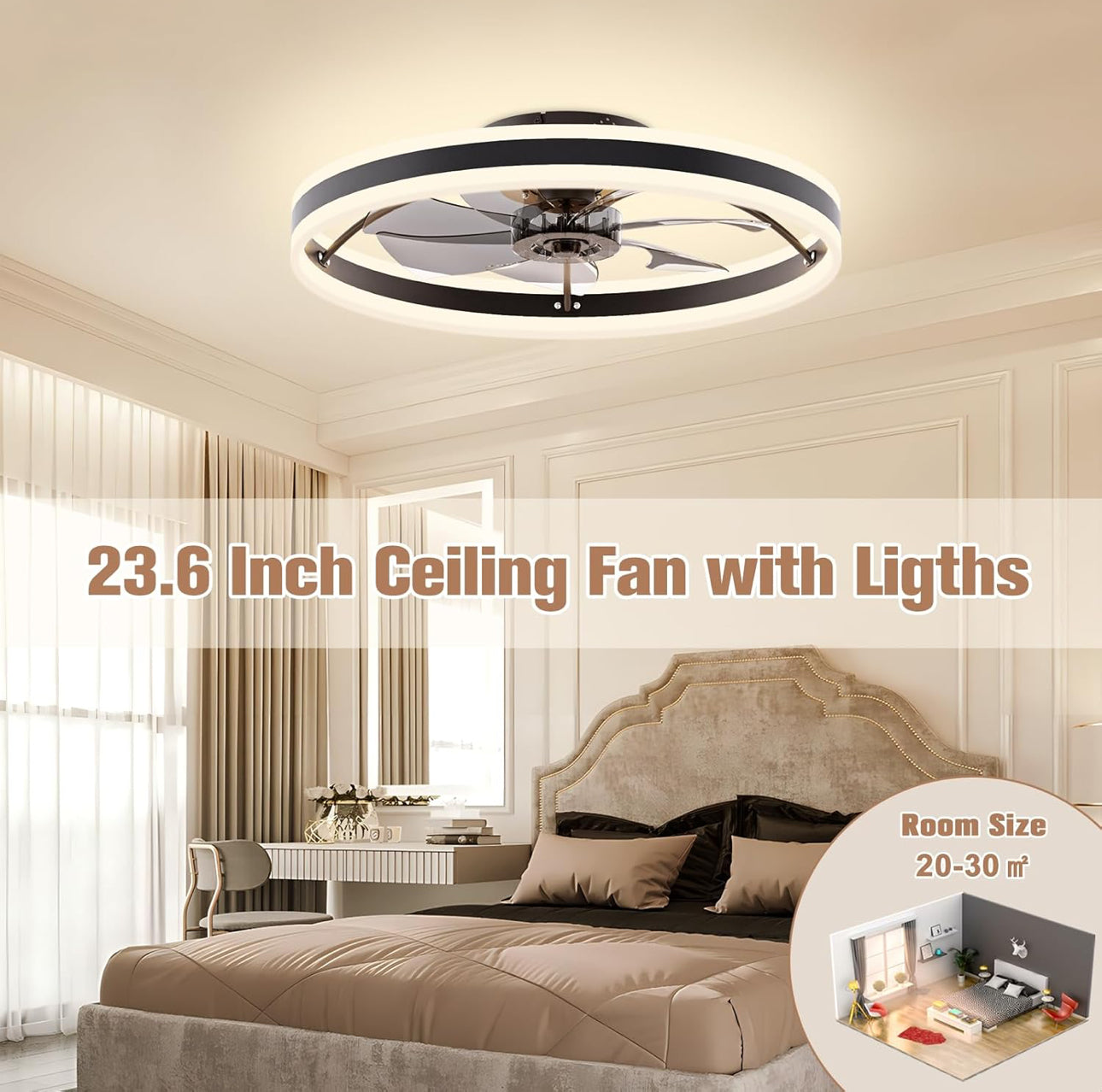 GENERIC Modern Ceiling Fans with Lights and Remote, Ceiling Fan Flush Mount, 3000K-6500K Smart Bladeless LED Fan Light, Black Modern Ceiling Fans with Lights for Bedroom