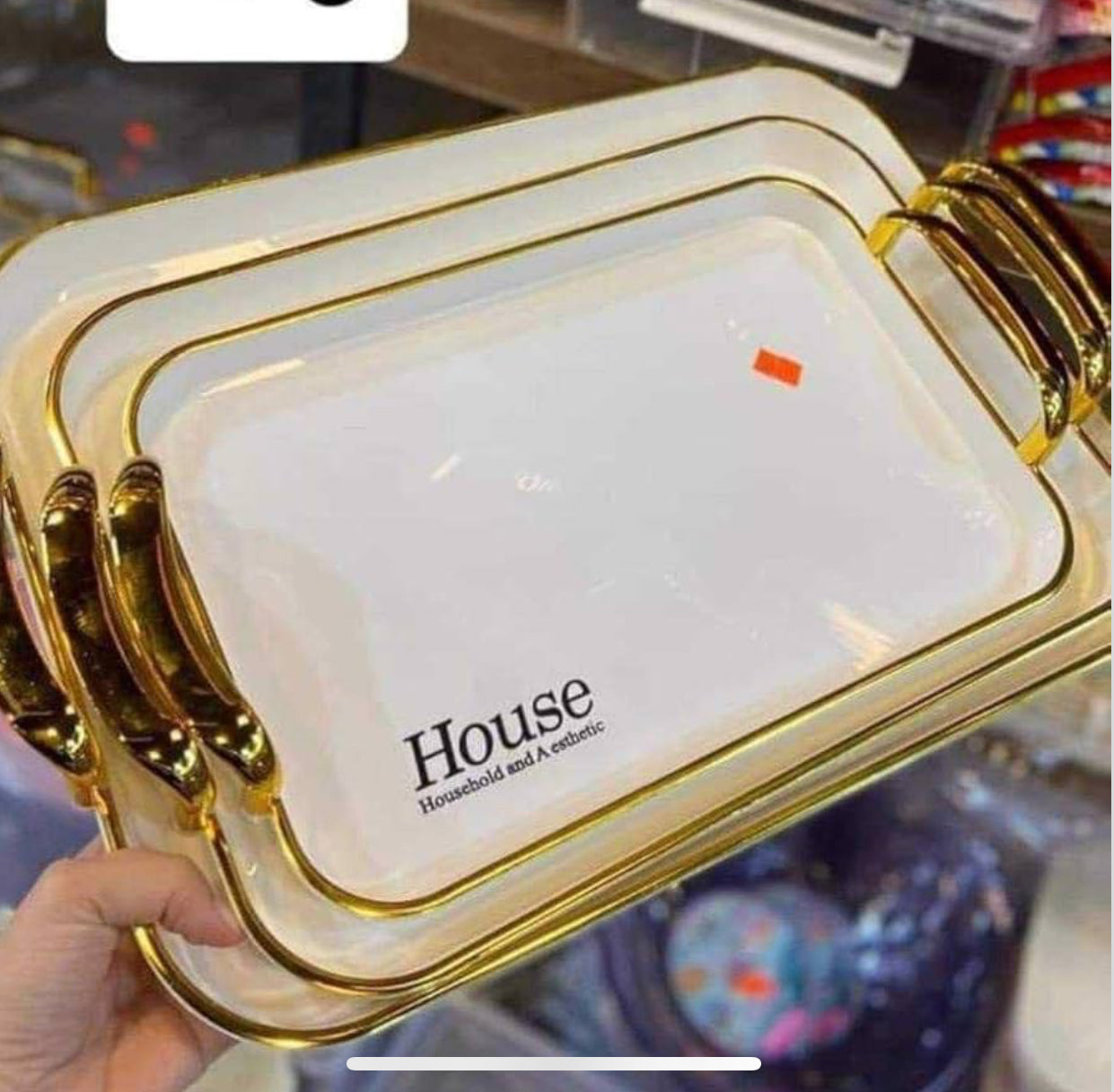 MHome Elegant Rectangular Tray Set 3PC β Melamine with Gold & Silver Trim