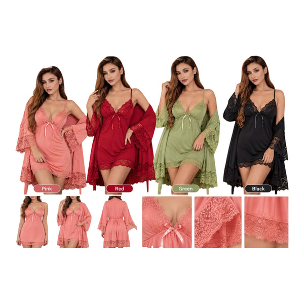 Ladies Embroidery Silk Night Dress\ Elegant & FASHIONABLE NIGHT WEAR 2pc Set-Various Colours