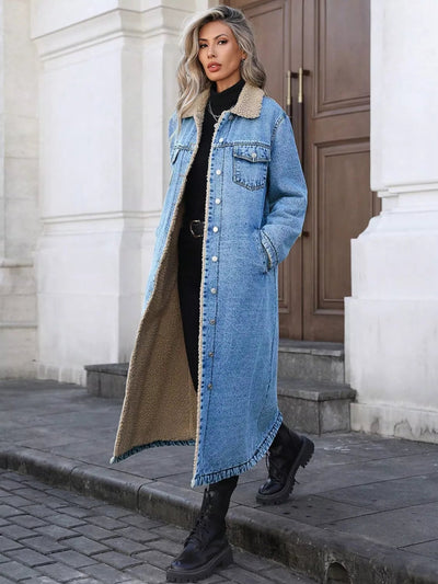 Ladies Sherpa Lined Long Denim Jacket