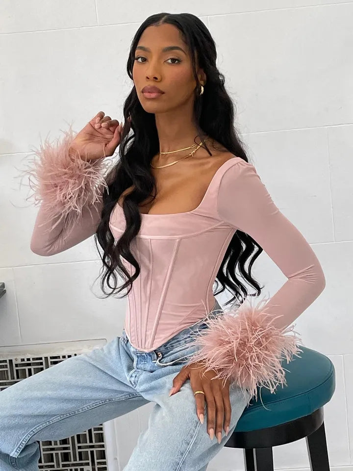 Ladies Mesh Feather Long Sleeve Corset Tops