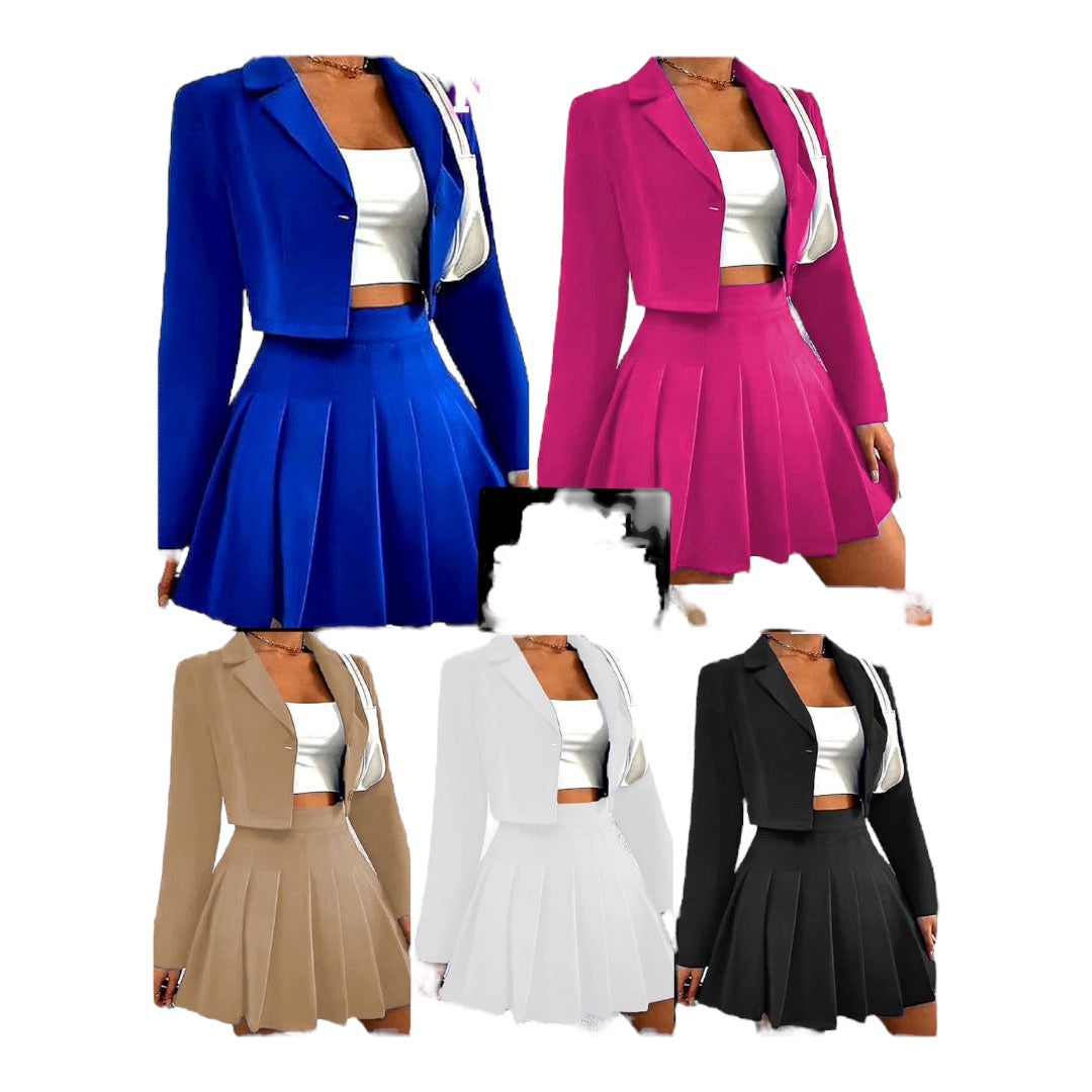 Ladies Shoulder Pads Single Button Blazer & Pleated Skirt Various Colours