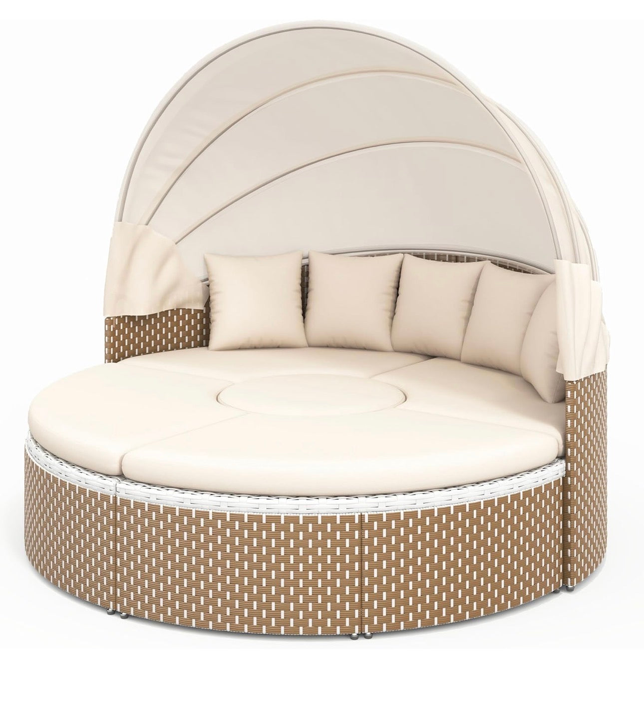 MFURN Rattan Sun Island with Foldable Sun Canopy, Polyrattan Lounge Set Including Cushions & Height-Adjustable Coffee Table, Outdoor Sun Lounger, Garden Lounger, for Garden, Patio, Porch-Pre-Order Sales Now Available