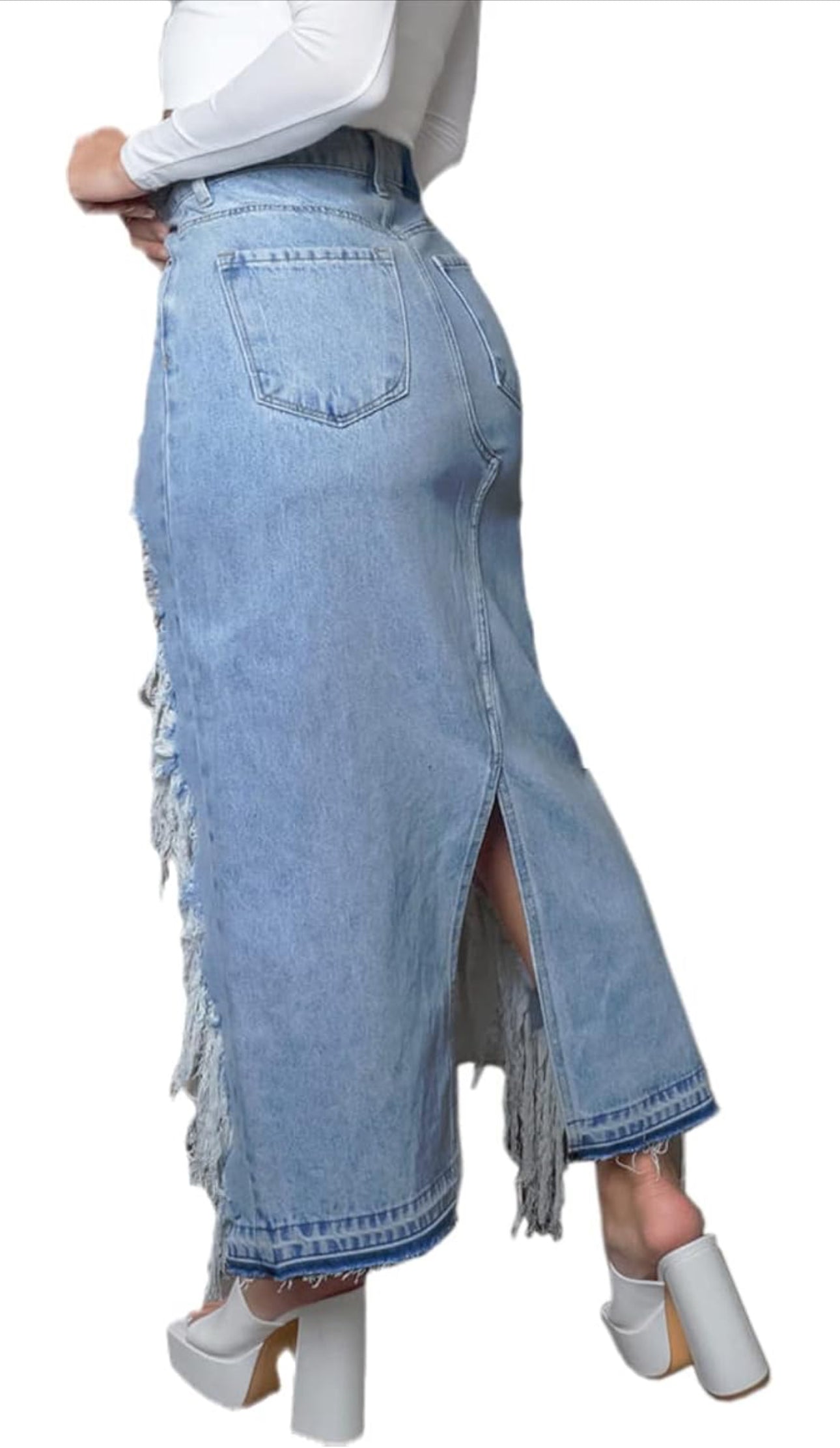 Women's Distressed Frayed Long Denim Jean Skirt