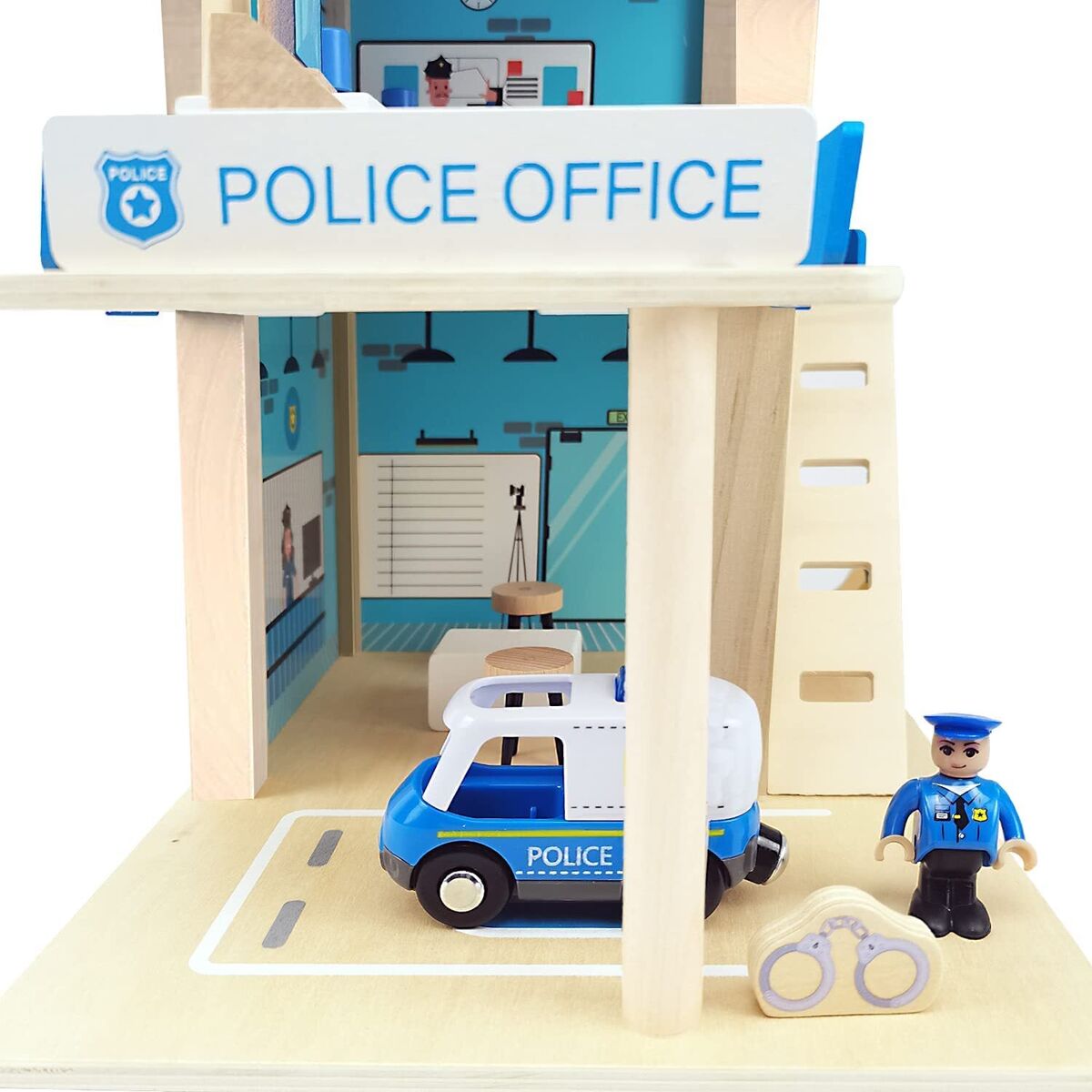 Kids Wooden Police Station Playset, RolePlay Dollhouse, 3-Level with Figures