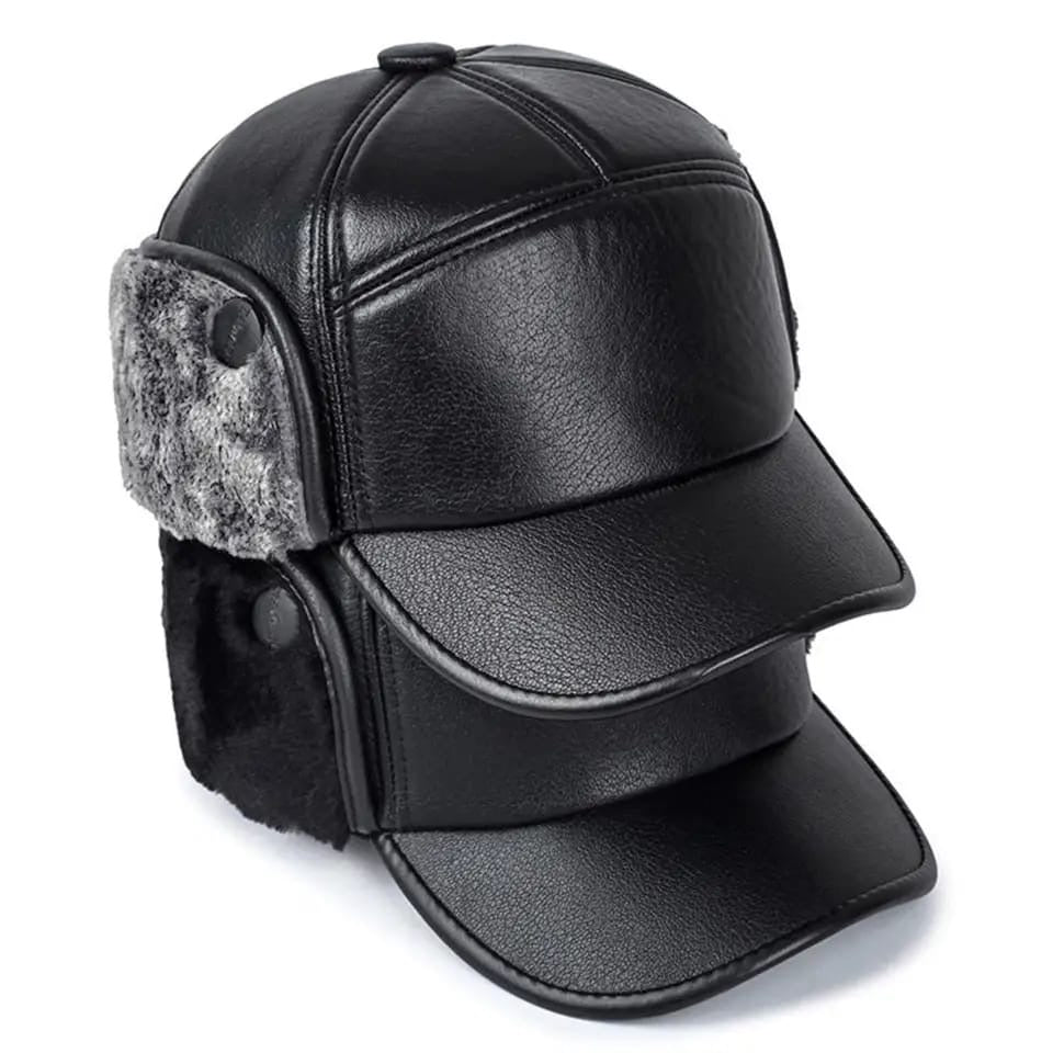 Winter Baseball Cap Plush Cotton Leather Hat Warm Baseball Cap Ear Protection - Unisex