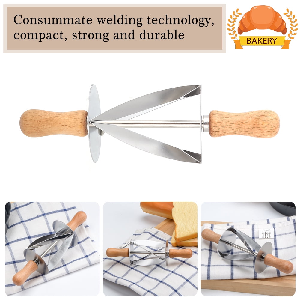MHome Stainless Steel Croissant Rolling Cutter Bread Dough Pastry Making Tool with Wooden Handle