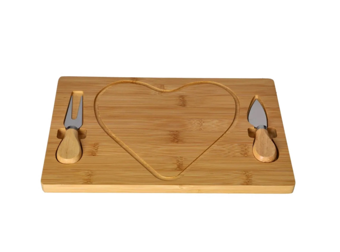 MHome Heart-Shaped Bamboo Cheese Board with Cutlery Set – 29x19cm