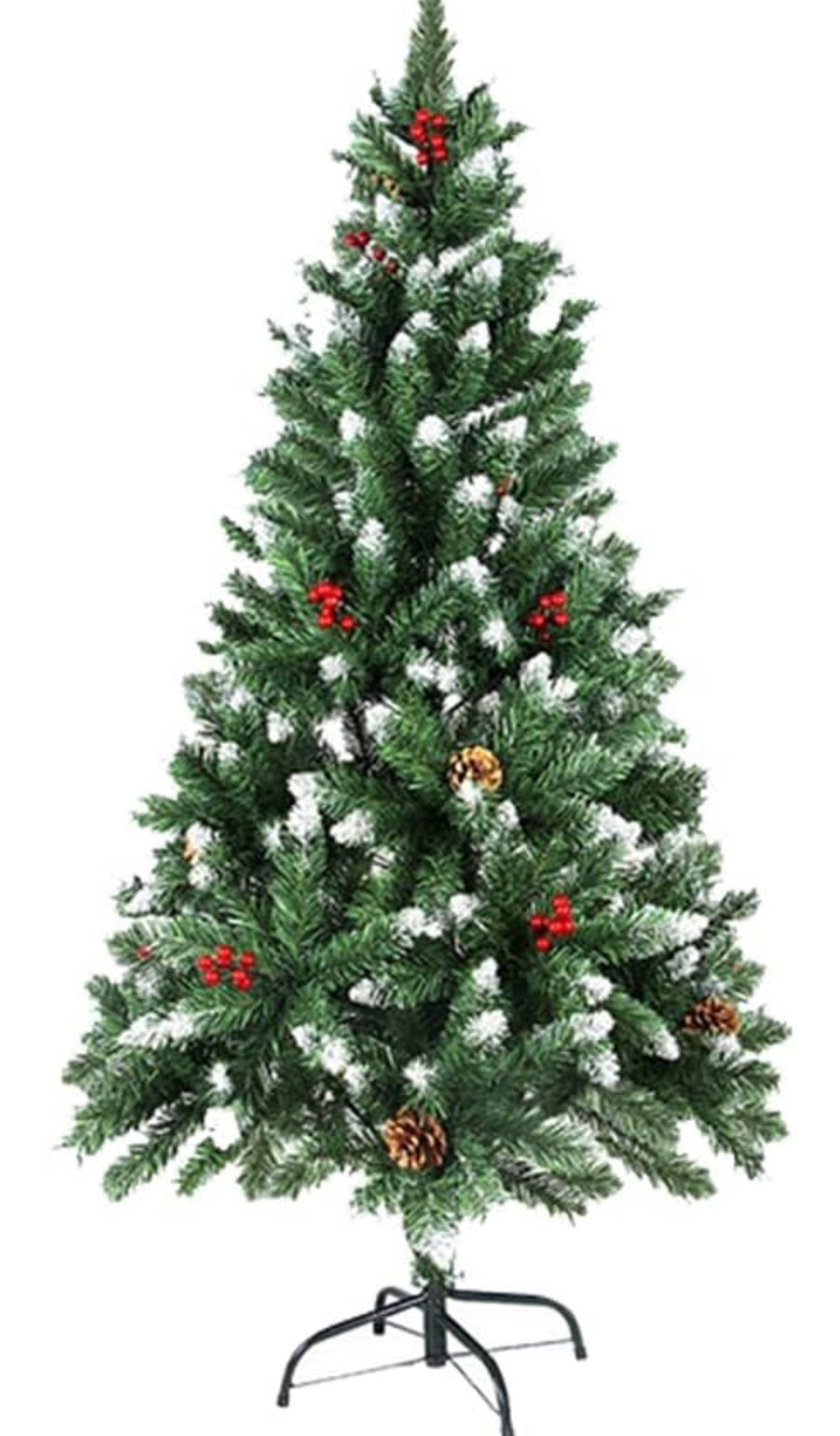 Snowy Christmas Tree with Metal Stand,Red Berries Pine Needles Artificial Hinged Tree,Xmas Decorations for Holiday Party Home 180CM Height