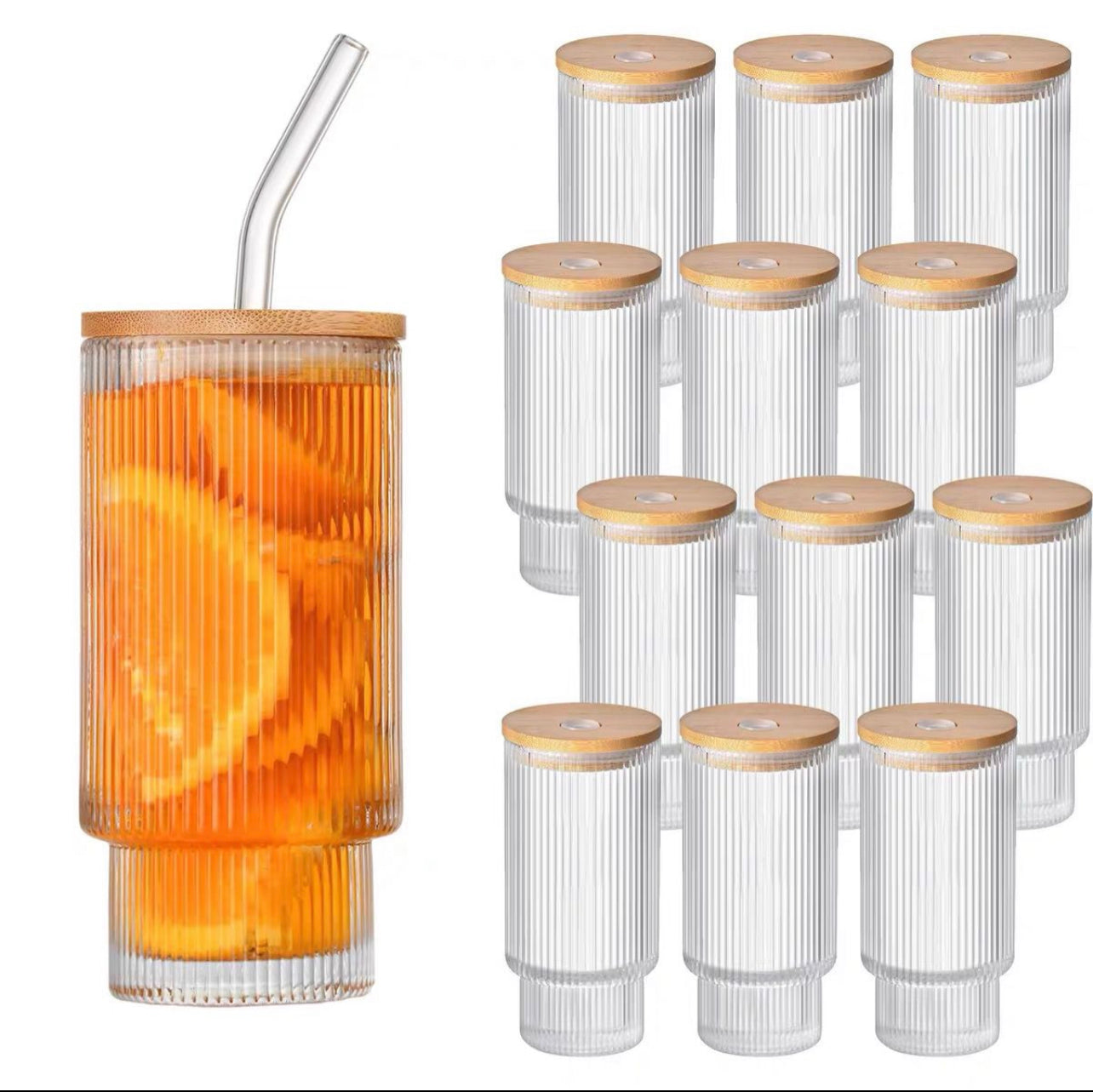 Stackable Ribbed Glass With Bamboo Lid & Straw (2 pack)