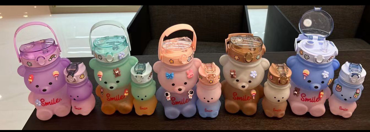 Bear Shaped Water Bottle with Built-In Straw and Carry Strap