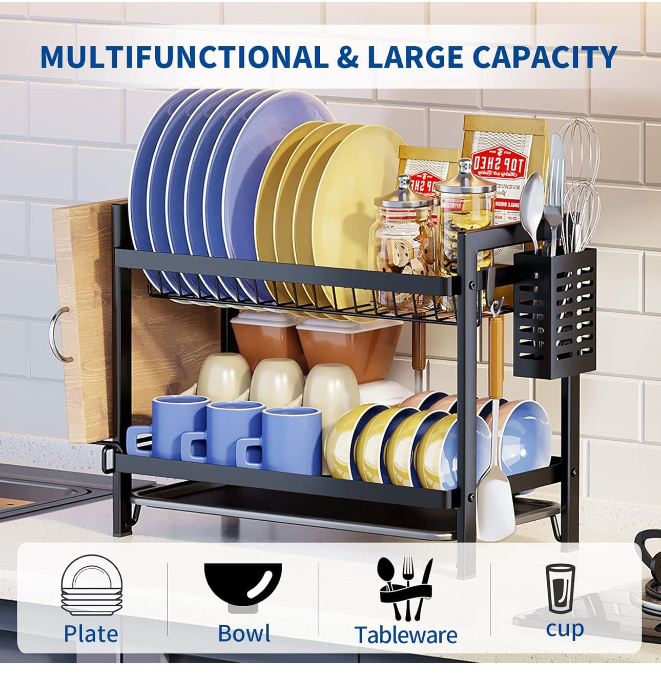 Kitchen Counter Dish Drainer 2 Tier Rustproof with Drain Board, Utensil Box and Hooks, Chopping Board Holder, Black