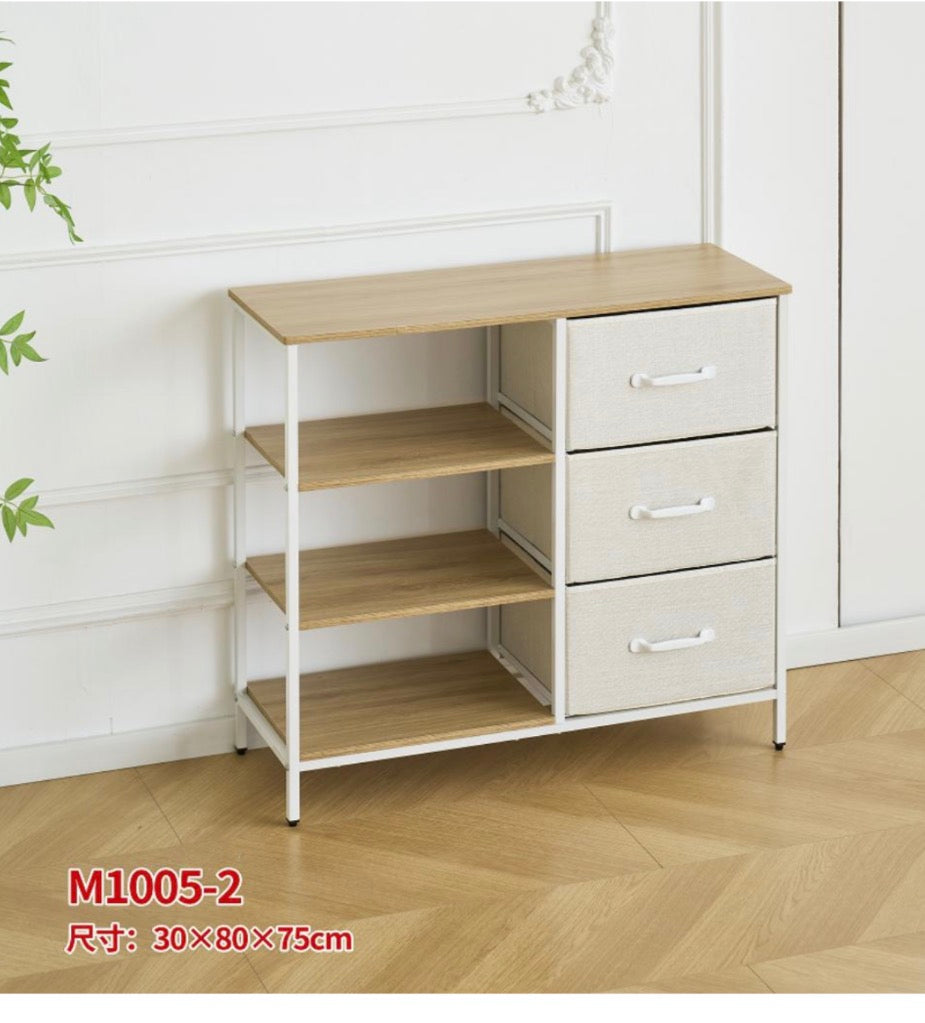 MFURN Narrow Fabric Chest of Drawers, Fabric Dresser with 3 Folding Drawers, 3 Open Shelves and Wide Top, Dresser for Bedroom, Living Room and Hallway, Walnut, Light Gray & Dark Gray Options