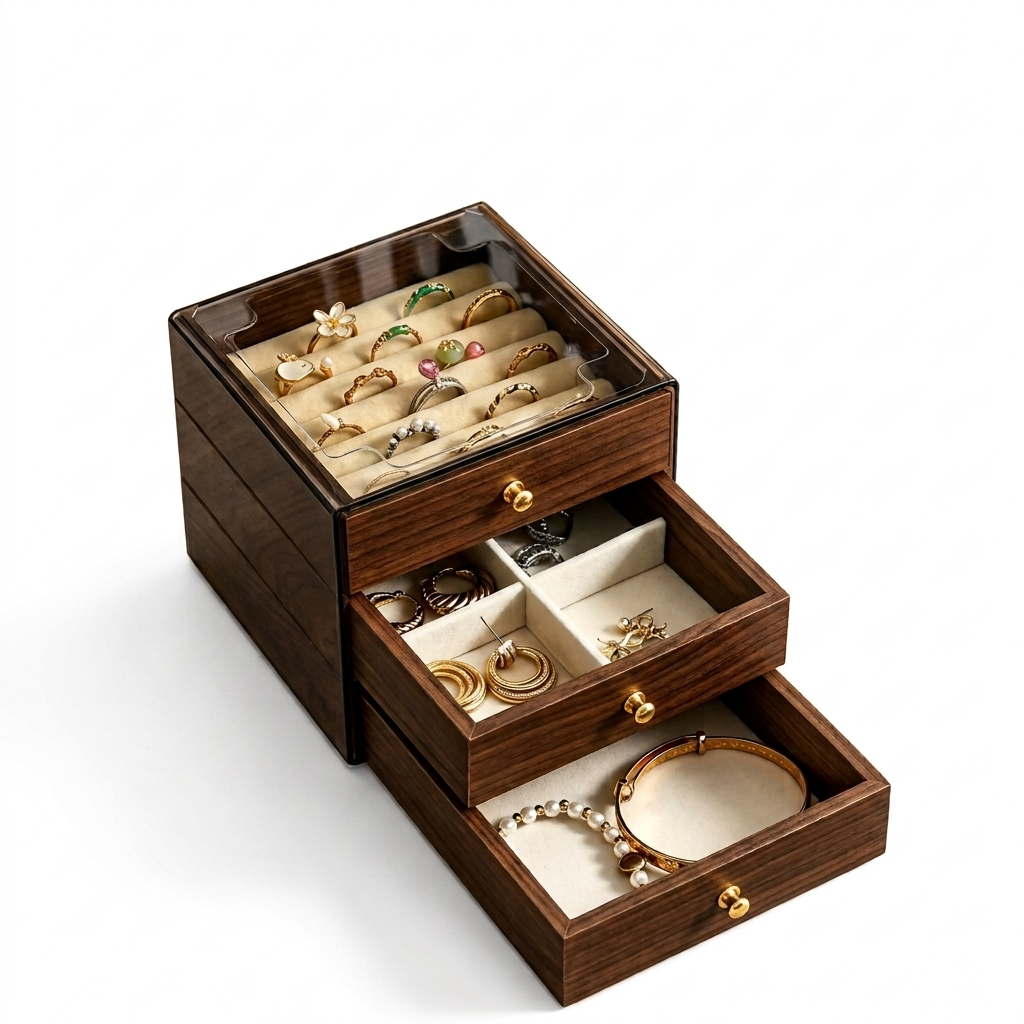 3-Teir Wooden Jewellery Storage Box With Glass Display Lid