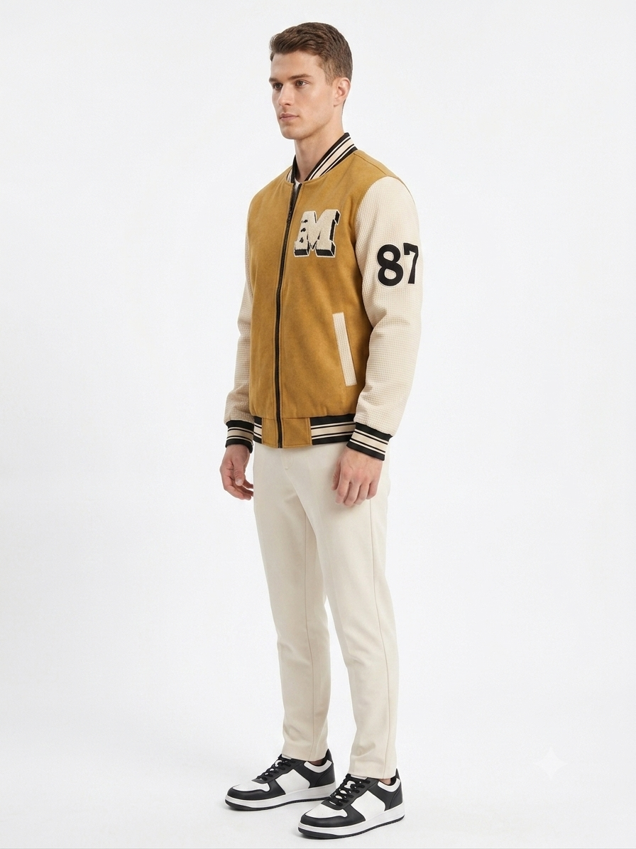 Men's Urban Varsity Bomber Jacket, Mustard, Off-White