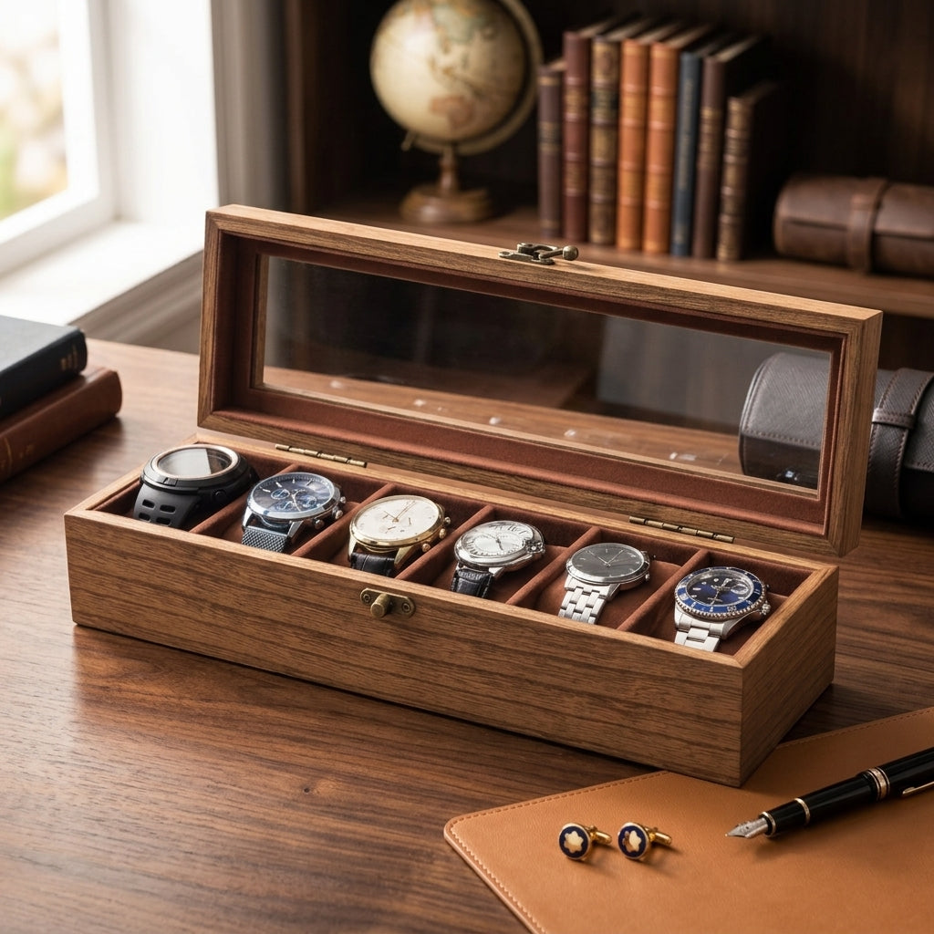 Watch Box for Men and Women - Large Glass Lid, Wooden Display Storage Case With 6 Slots