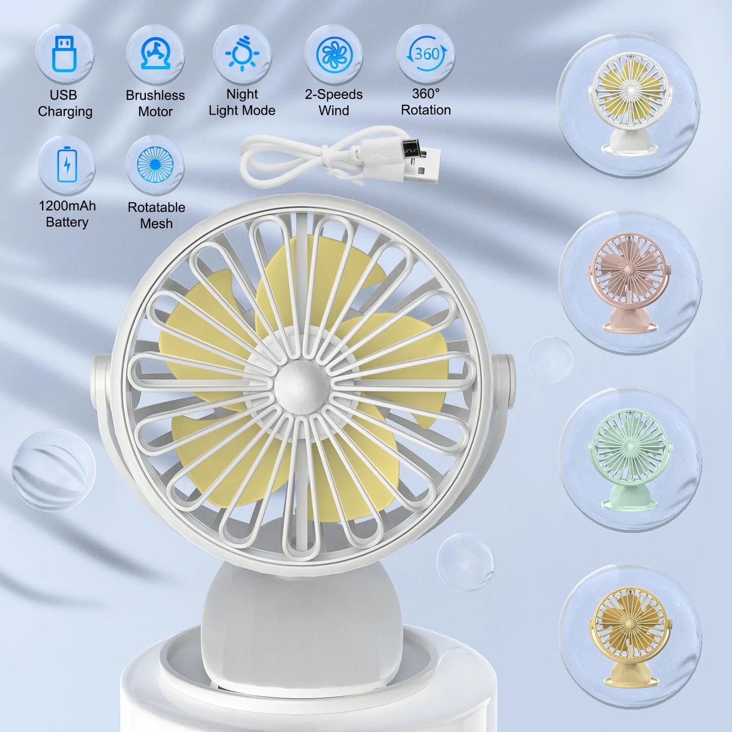 Portable USB Rechargeable Mini Cooling Fan Clip On/Desktop/Wall Mount LED Light