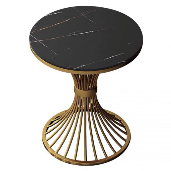 Modern Luxury RoundCoffee Table with Marble Top Golden Metal Legs for Home Living Room- 2pc Set Black/Gold
