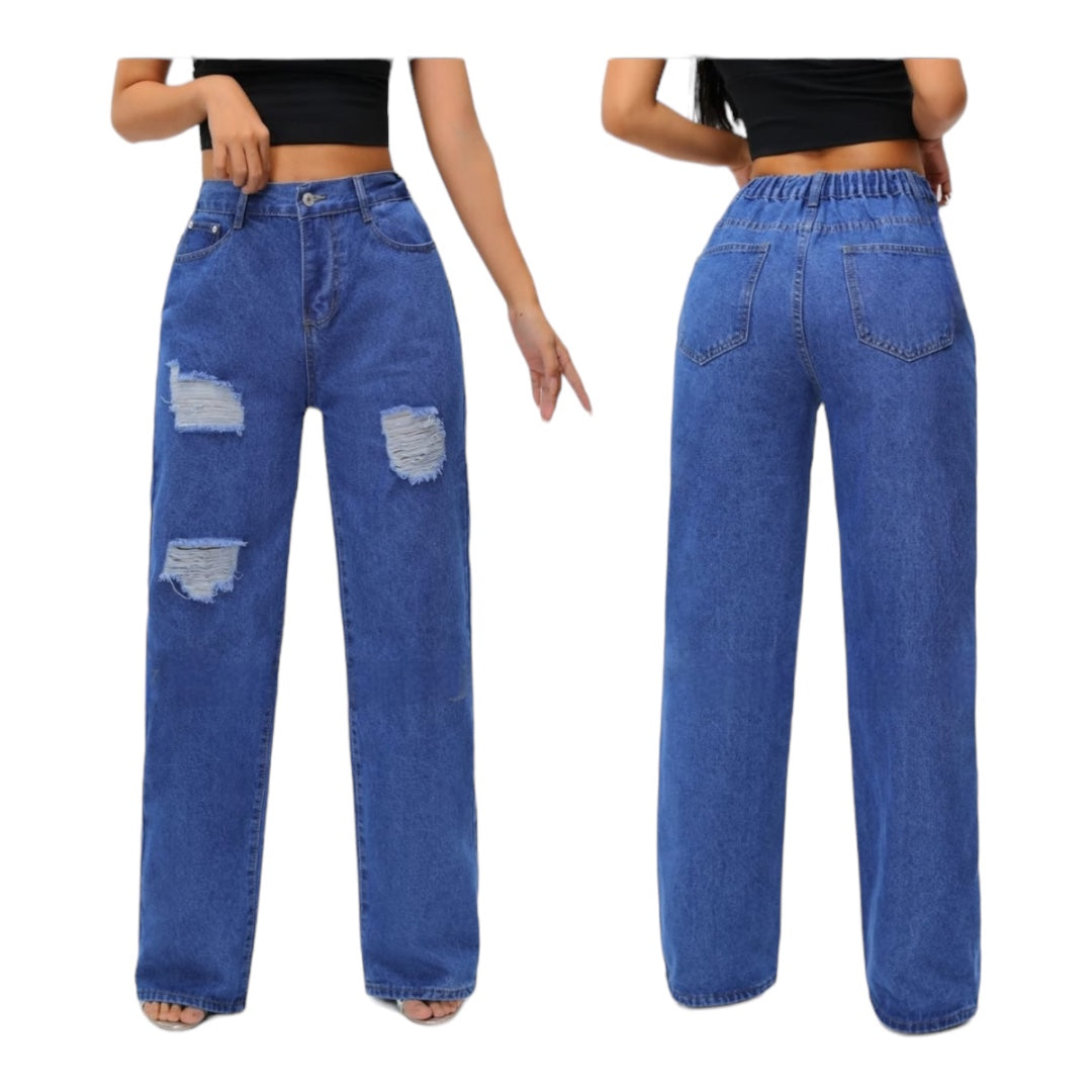 Ladies Ripped Wide Leg Jeans