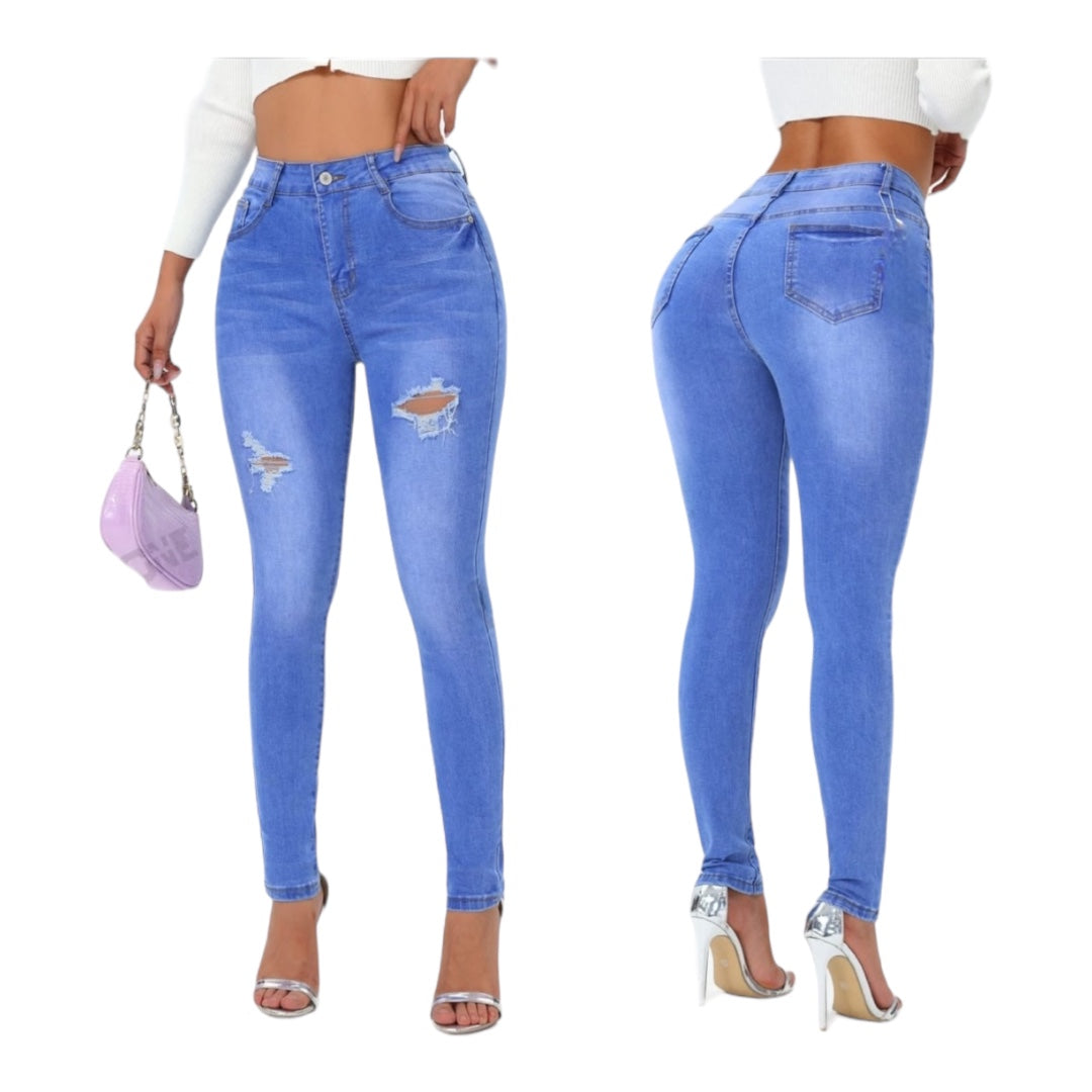 Ladies Distressed High Waisted Skinny Jeans
