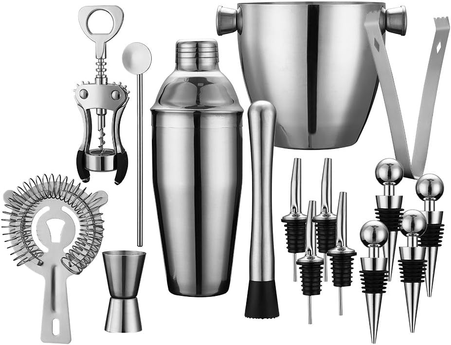 Professional Wine and Cocktail Mixing Bar Set by QLL, Large 0.7L Stainless Steel Shaker, Ice Bucket, Muddler, Double Sided Jigger, 4 Liquor Bottle Pourers, Hawthorne Strainer, Conical Strainer