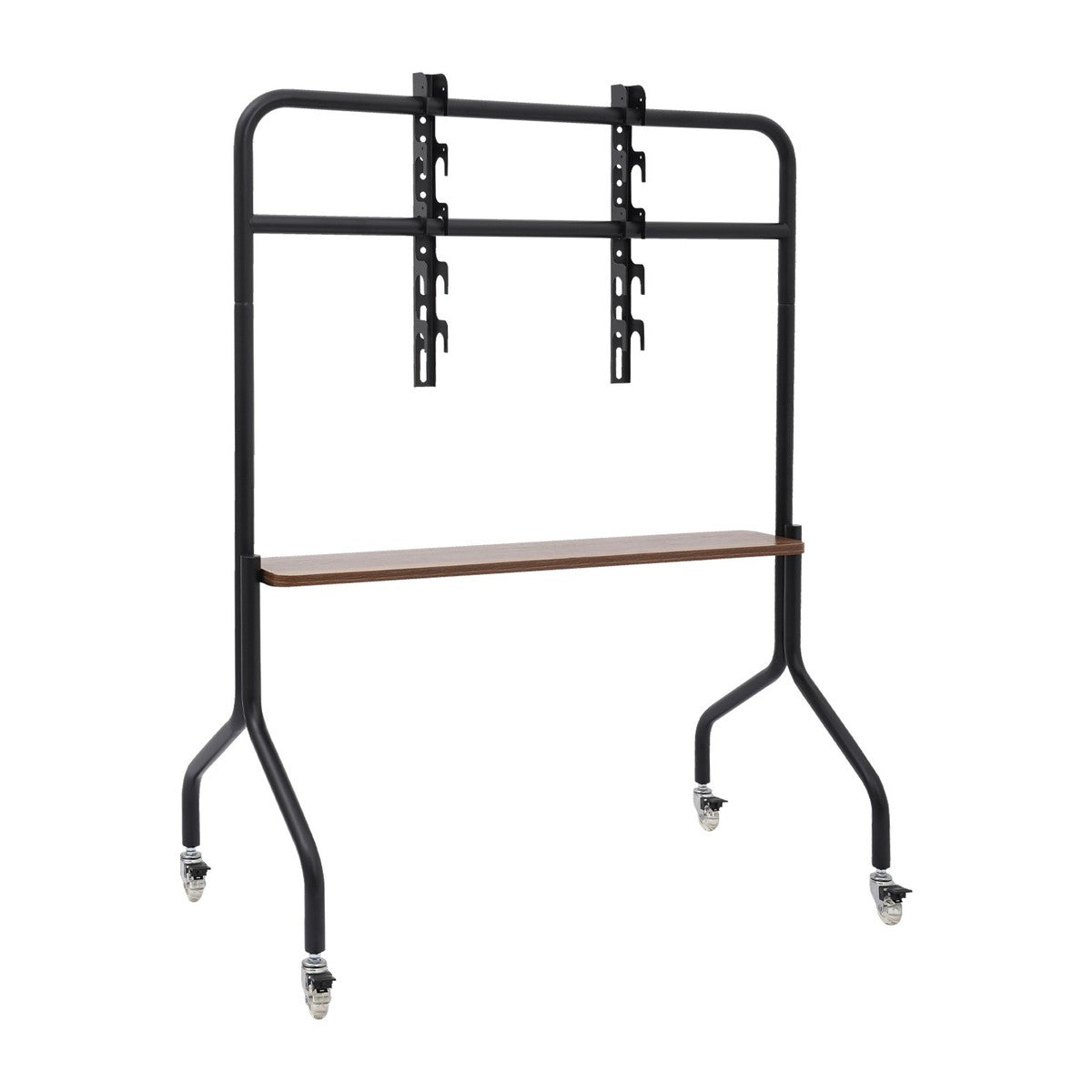 MTech Mobile TV Stand with Game Console Mount, Black, Carbon Steel & Wood, Fits 49-75 inch TVs, 360Β° Wheels, Height Adjustable