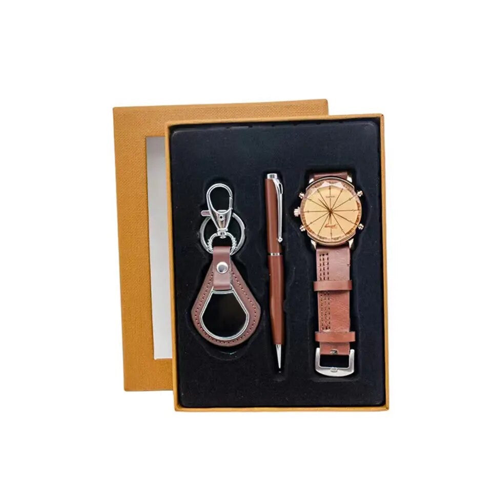 Men Watches Gift Set Watch Leather Belt Signing Pens Keychain Sets Family Gifts Watch Present Gift For Business's Man, Father's