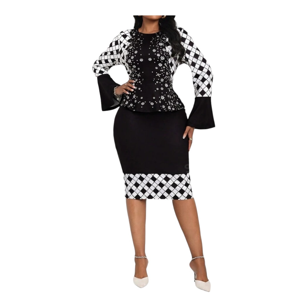 Ladies Black & White Geometric Printed Women's 2pcs Outfit