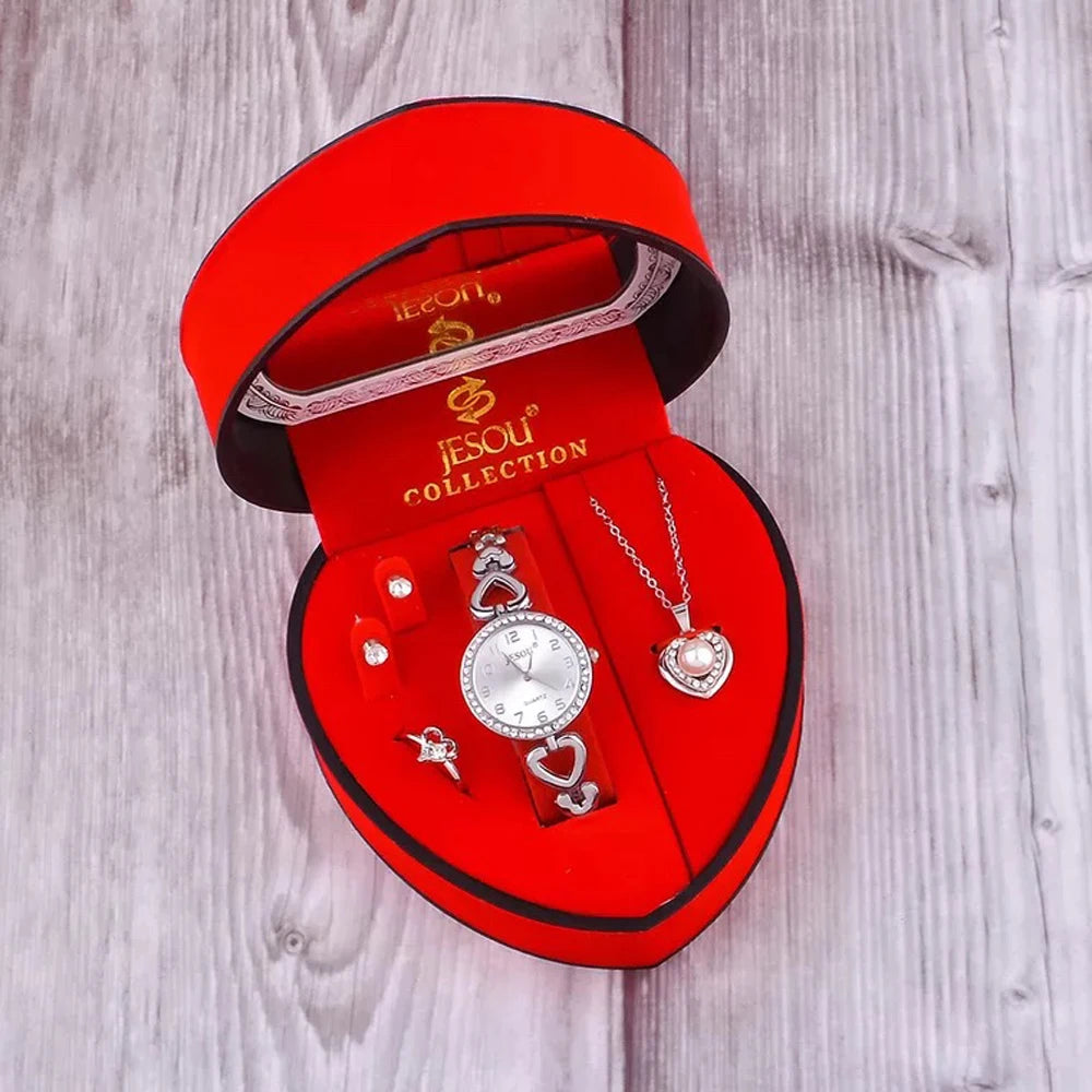 Luxury Minimalist Valentine’s Gift Set 5pc – Heart Jewelry Box with Watch, Necklace, Ring & Earrings