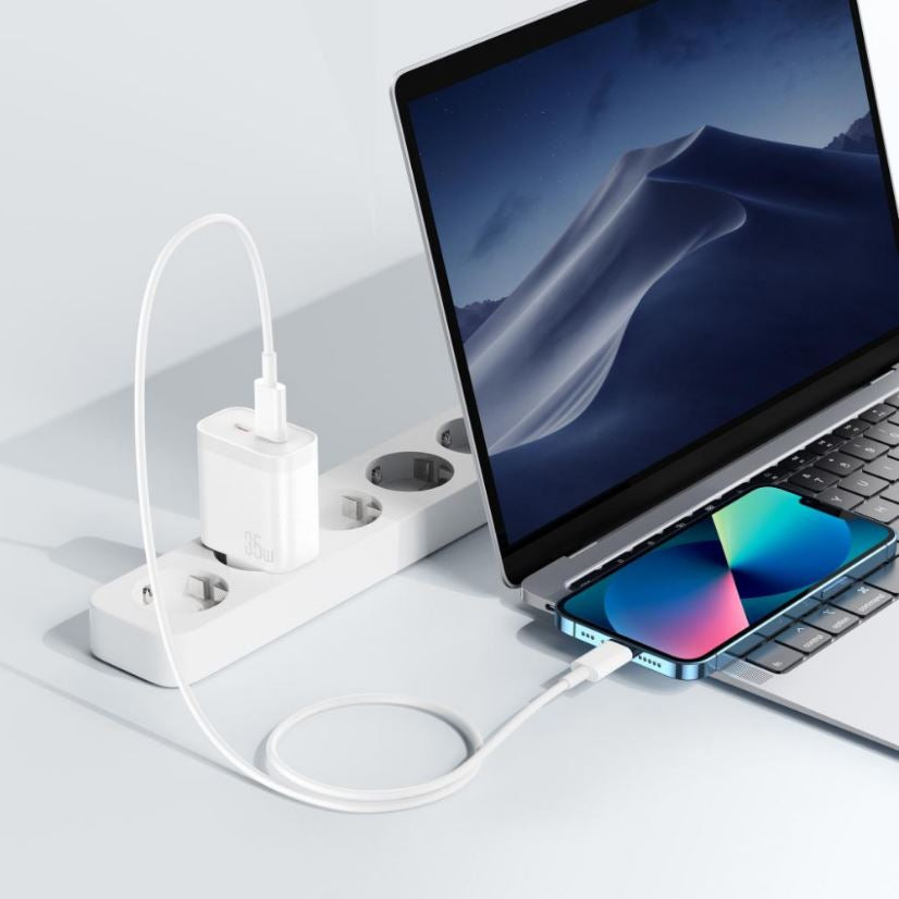 Adapter and Lightning Cable for iPhone, Dual Type-C Charger, Fast Charging 35W, Black.