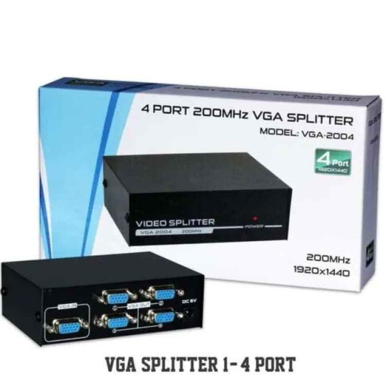 4 Port Powered VGA Splitter 1 in 4 Out 200Mhz Video Distribution Duplicator for 1 PC to 4 Monitors Projector