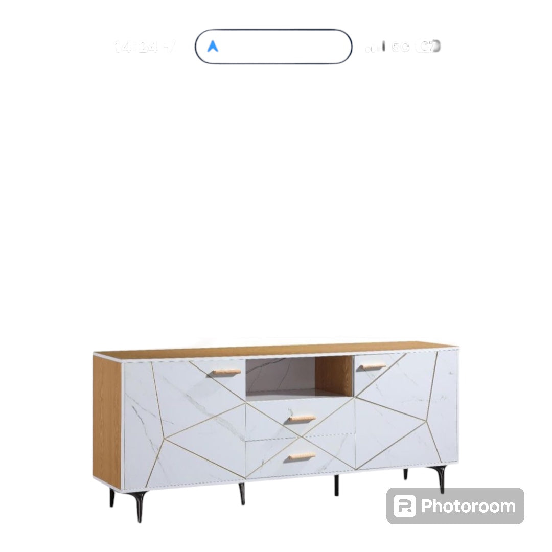 Modern Glamor TV Cabinet , High Gloss, White/Walnut Gold Trim With Drawers