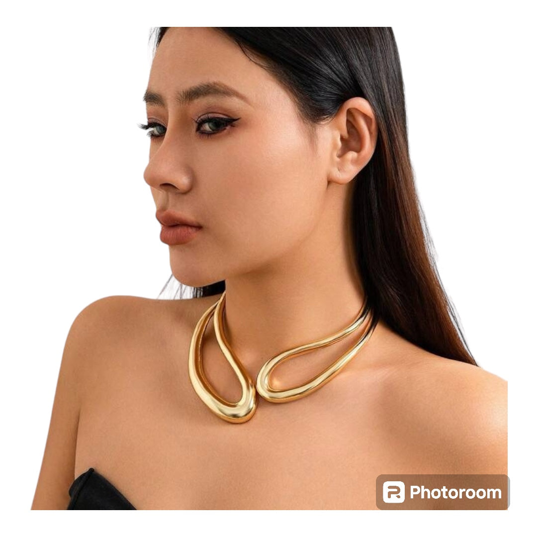 Exaggerated Glossy Round Metal Collar With Irregular Hollow Out Design, Fashionable Simple Spring Necklace For Ladies, Perfect For Vacation Or Party