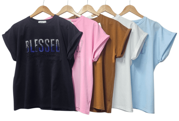 Ladies “Blessed” Embossed Turn-up Sleeve T-Shirt-Various Options