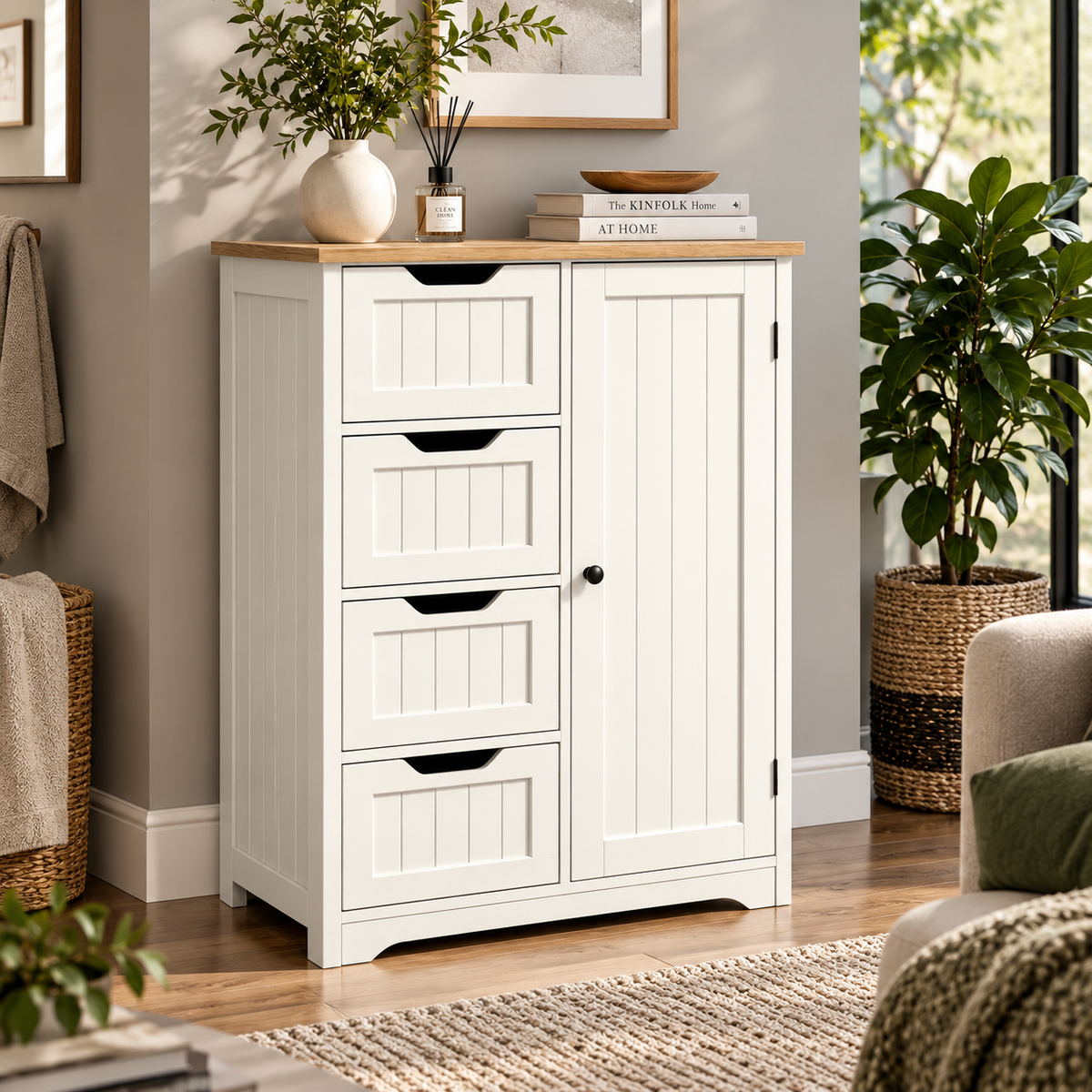 MHome White Storage Cabinet with 4 Drawers & Side Door
